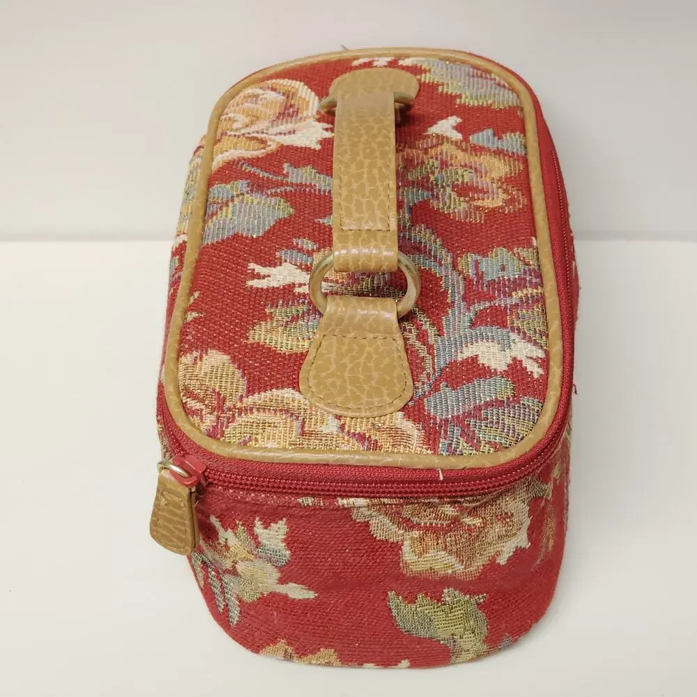 Vintage Floral Tapestry Small Train Case Red Yellow Gold Travel Bag 8x4.5x4.75